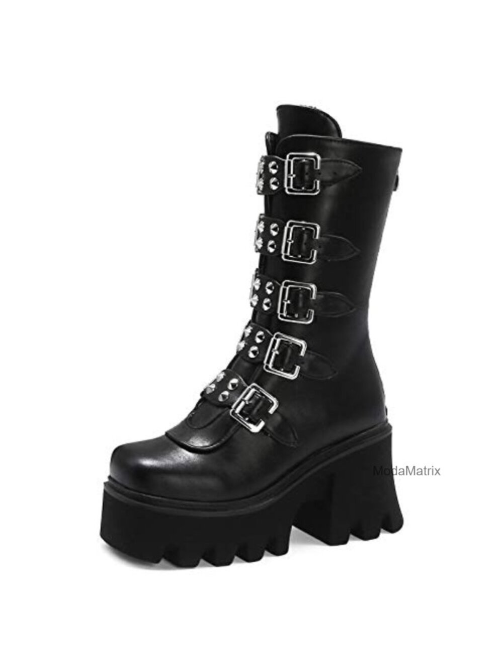 Black Studded Platform Combat Boots with Buckle Straps and Chunky Heel